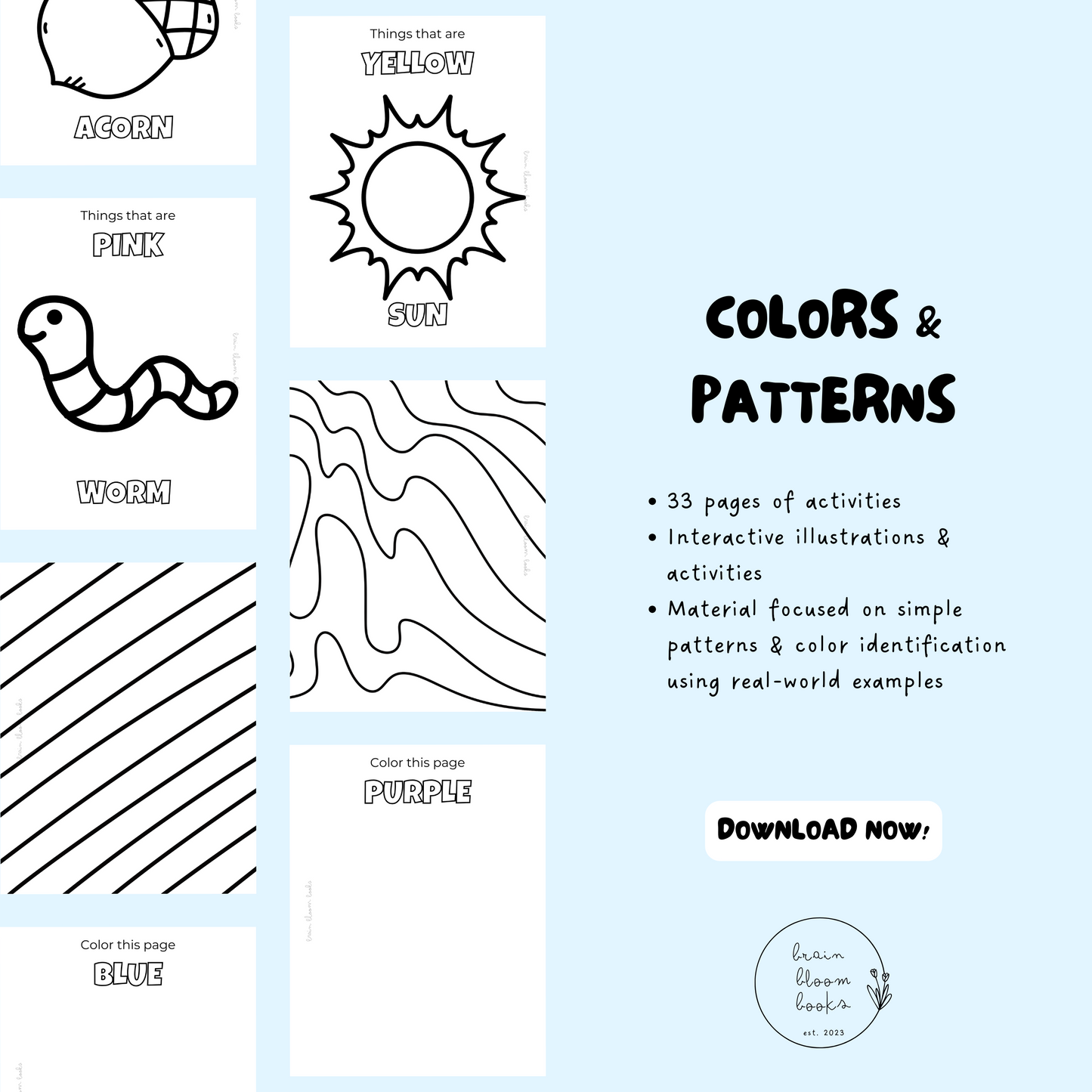 Printable PDF children’s activity & coloring book. Includes 33 pages of interactive illustrious & activities. Material focused on simple patterns & color identification using real-world examples.