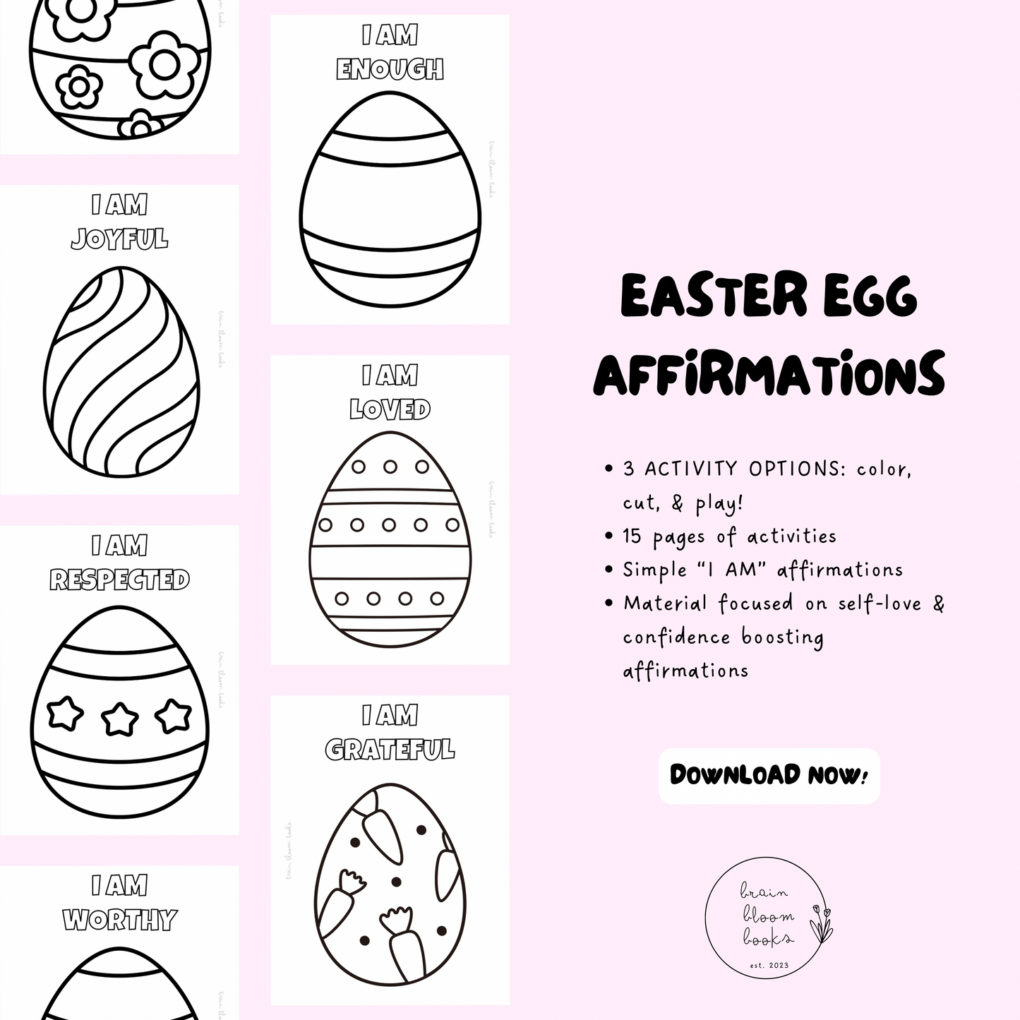 Printable PDF Easter children’s affirmation activity & coloring book. 3-in-1 activity: 1 craft, 3 different ways to do it. 15 pages of simple affirmations & Easter egg coloring pages. Material focused on self-love & confidence boosting affirmations.