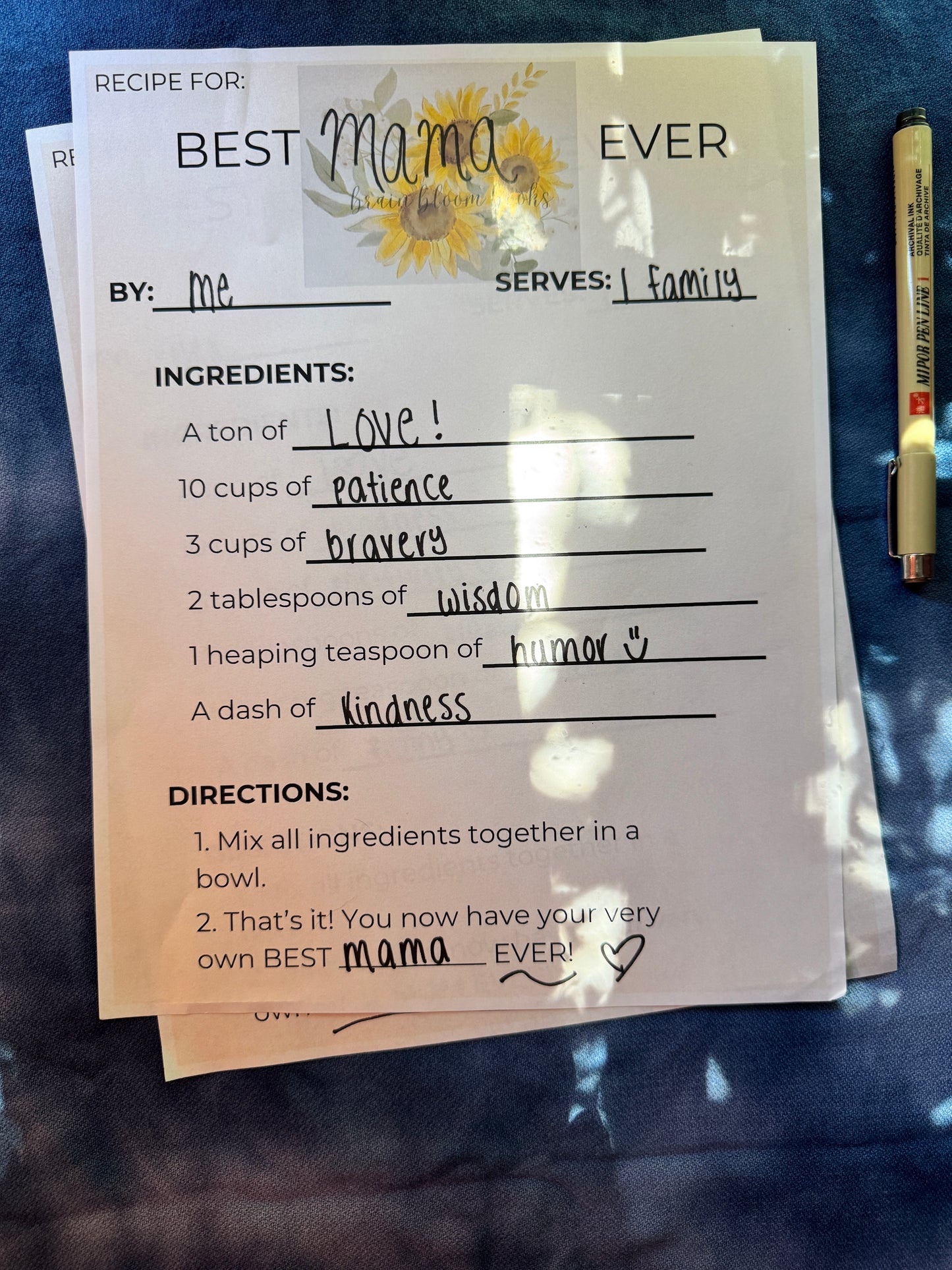 Printable Mother’s Day recipe card keepsake gift for mom & children’s activity. Completed & personalized BEST MAMA EVER sunflower version.