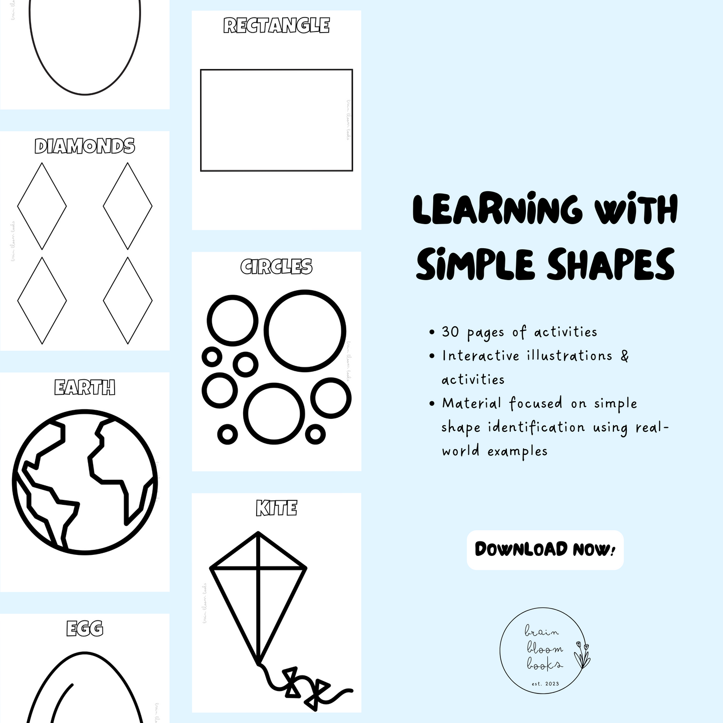 Printable PDF children’s activity & coloring book. Includes 30 pages of interactive illustrations & activities. Material focused on simple shape identification using real-world examples.