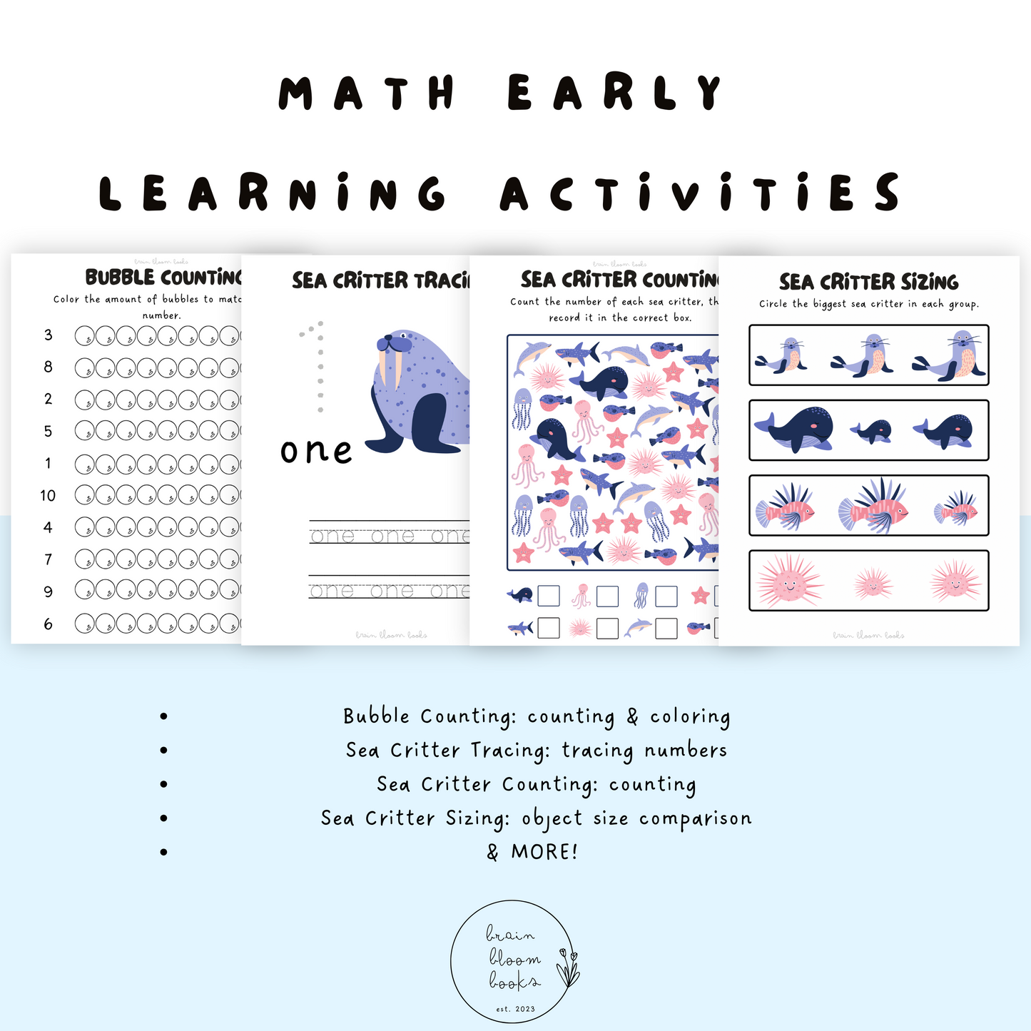 Ocean-themed printable PDF children’s morning menu math early learning activities. Including: bubble counting (counting & coloring), sea critter tracing (tracing numbers), sea critter counting (counting), sea critter sizing (object size comparison), & MORE.