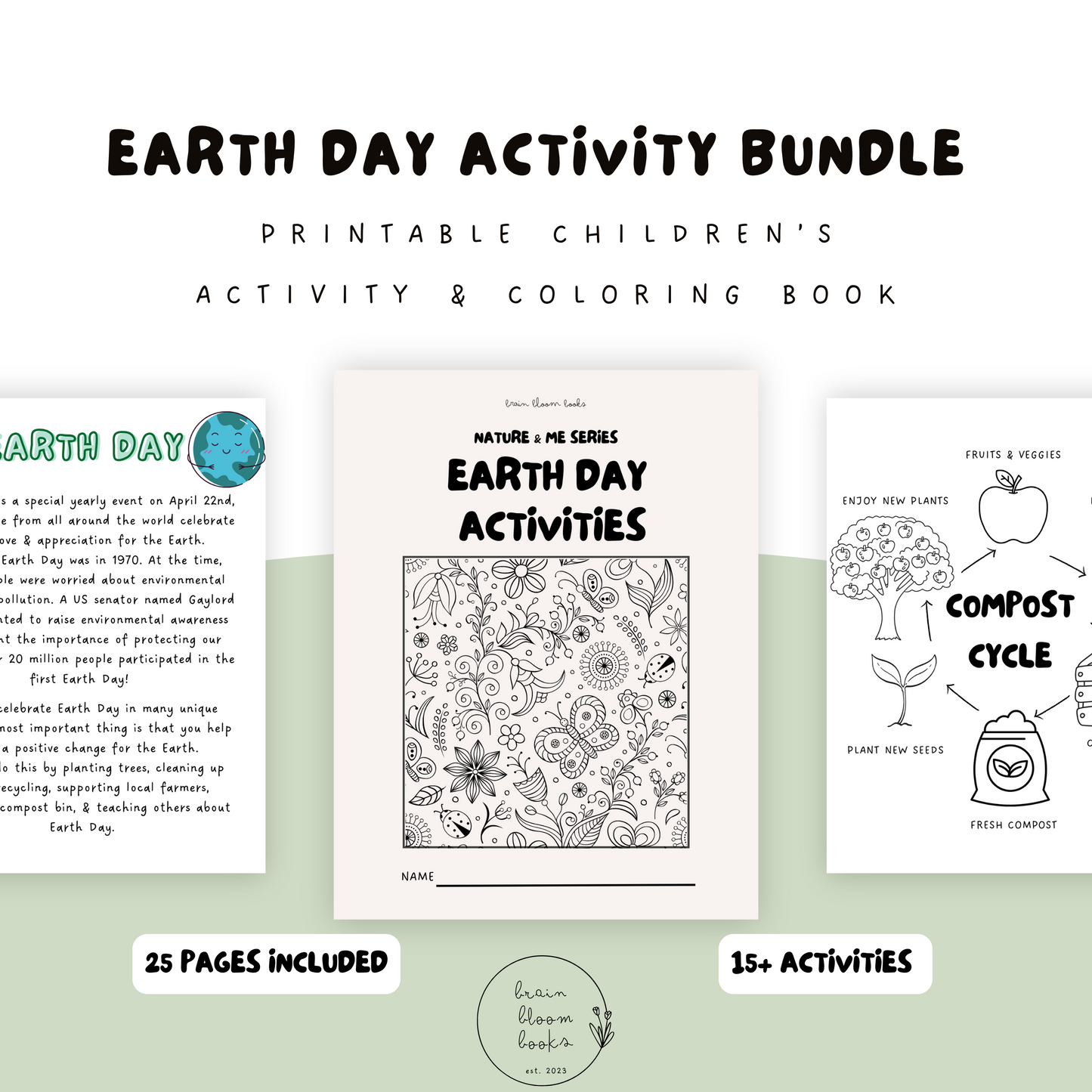 Printable PDF children’s earth day activity bundle & coloring book. Recycling, sustainability, composting, environmental awareness. 25 pages included, 15+ unique activities.