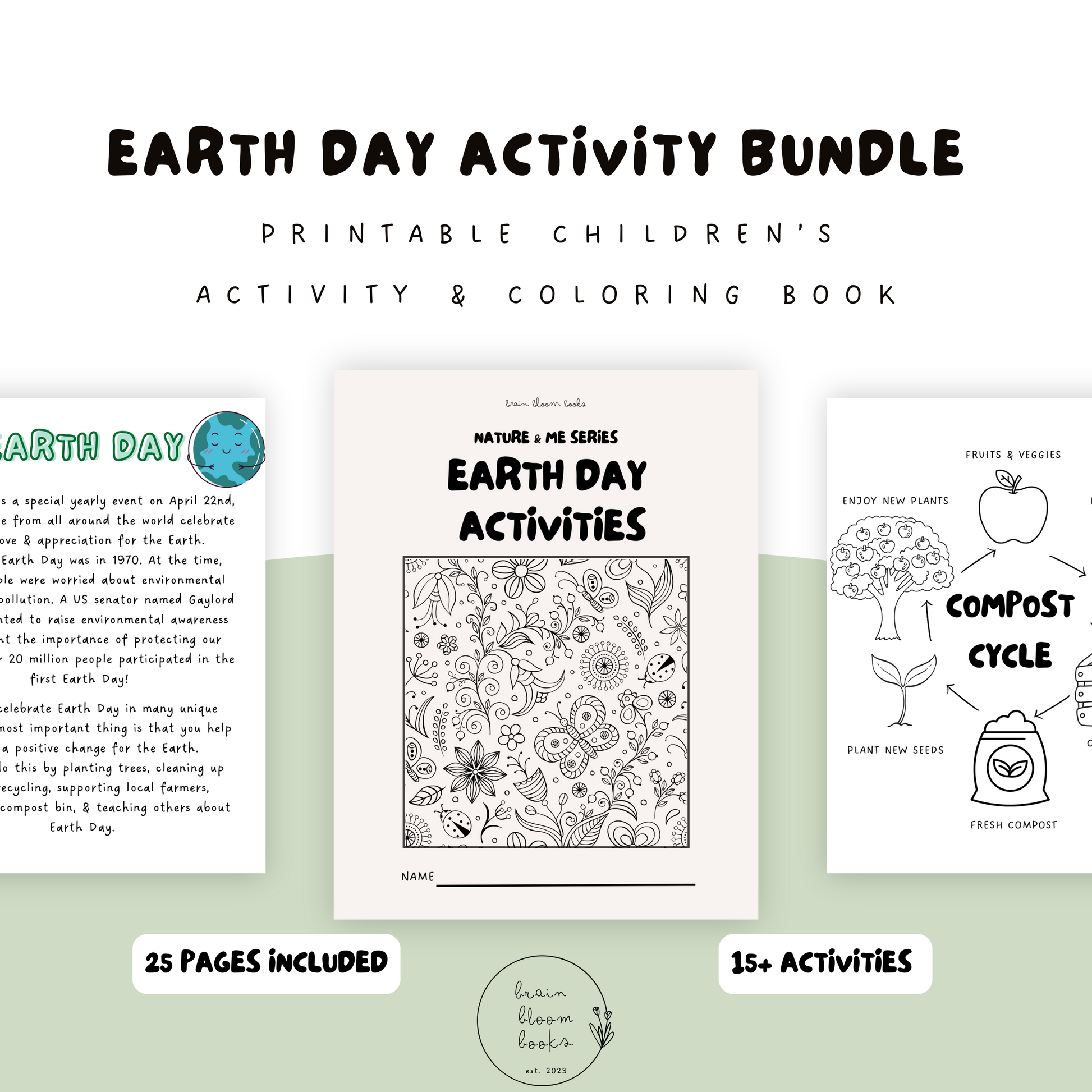 Printable PDF children’s earth day activity bundle & coloring book. Recycling, sustainability, composting, environmental awareness. 25 pages included, 15+ unique activities.