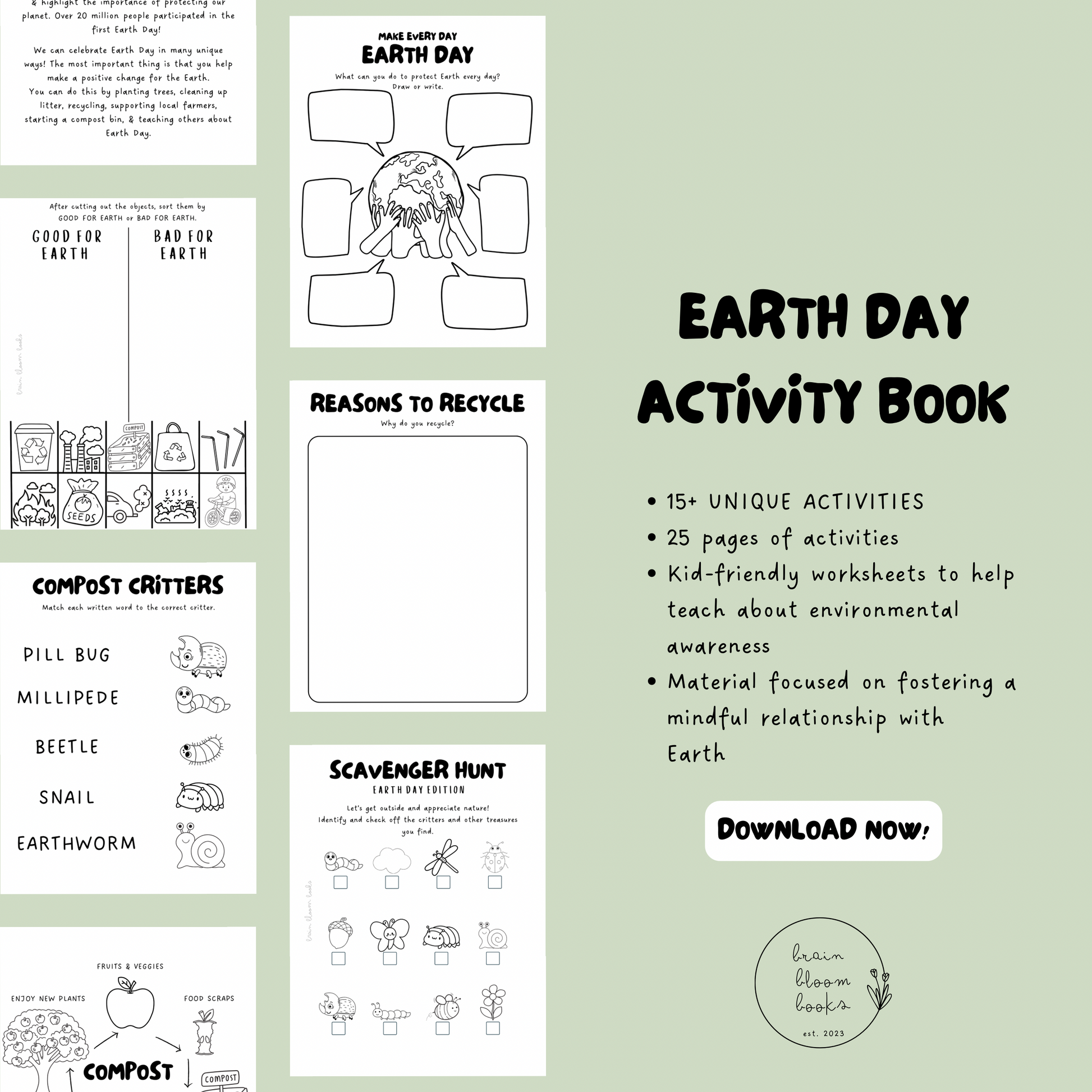 Printable PDF children’s earth day activity bundle & coloring book. 25 pages included, 15+ unique activities. Material focused on recycling, sustainability, composting, environmental awareness.