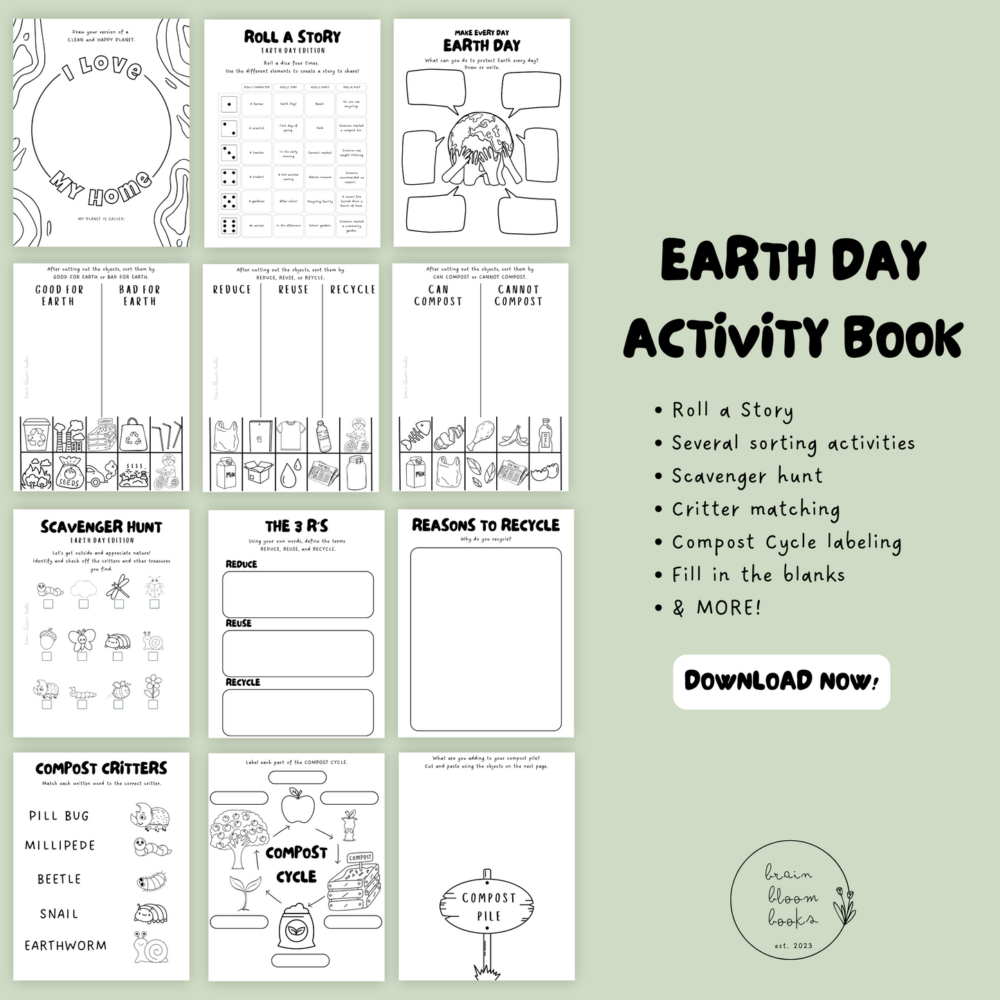 Printable PDF children’s earth day activity bundle & coloring book. 25 pages included, 15+ unique activities. Roll a story, several sorting activities, scavenger hunt, critter matching, compost cycle labeling, fill in the blanks, & MORE.
