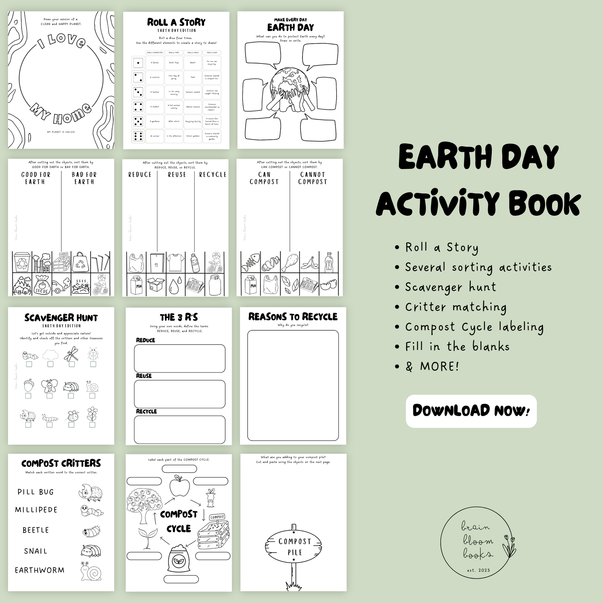 Printable PDF children’s earth day activity bundle & coloring book. 25 pages included, 15+ unique activities. Roll a story, several sorting activities, scavenger hunt, critter matching, compost cycle labeling, fill in the blanks, & MORE.