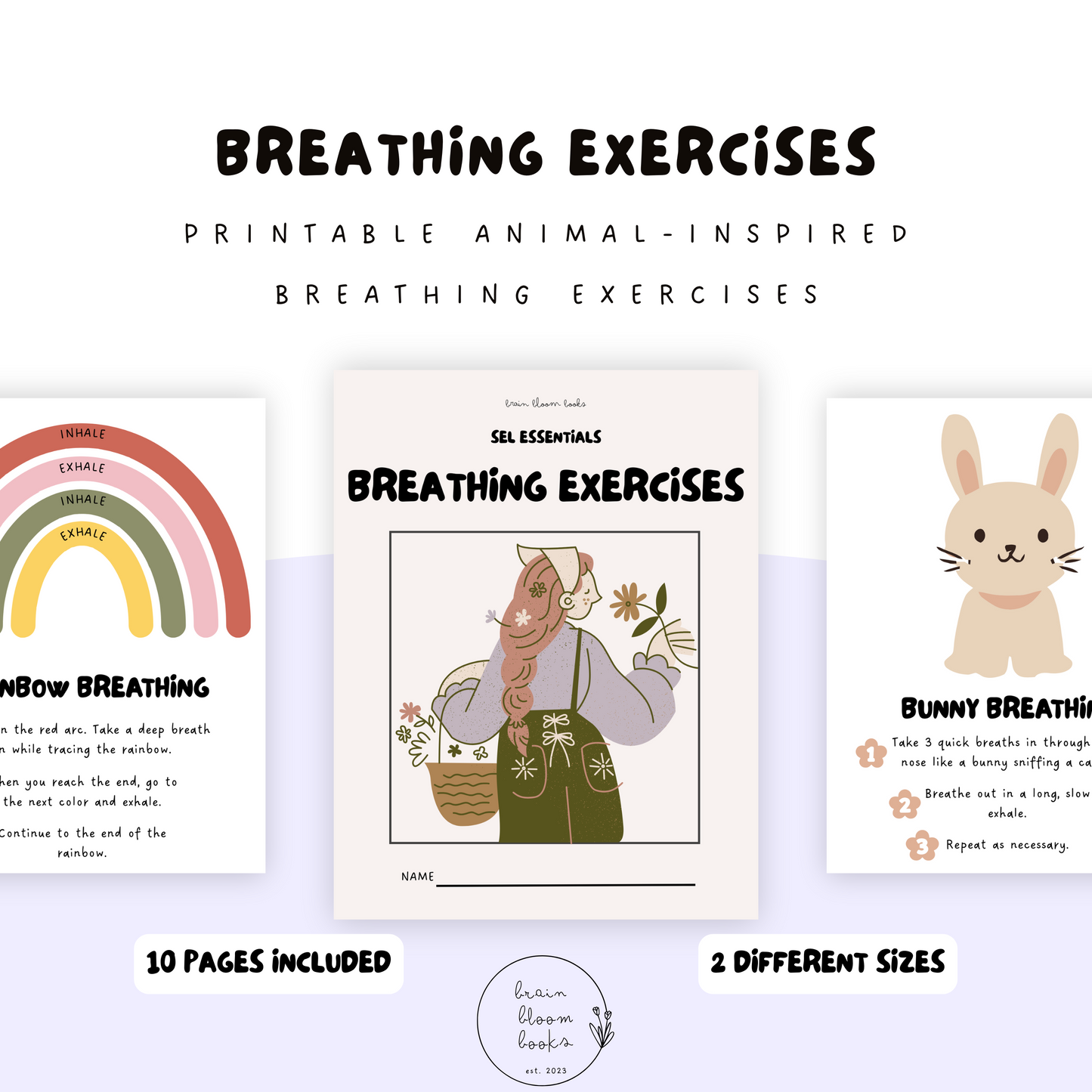 Printable PDF animal-inspired breathing exercises for children. Mindful breathing, breathwork for children, animal breathing exercises. 10 pages included, 2 different sizes.