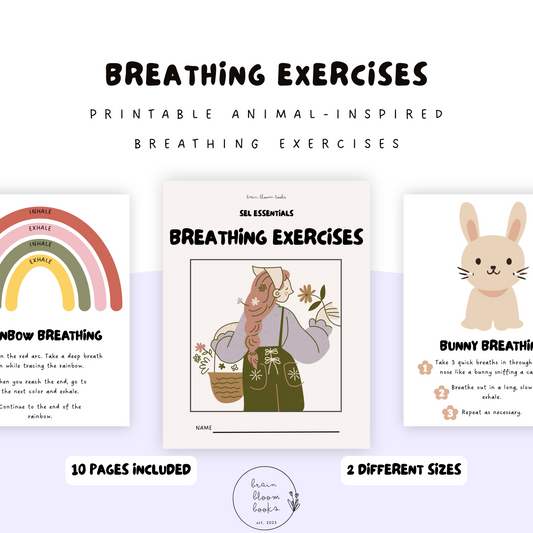 Printable PDF animal-inspired breathing exercises for children. Mindful breathing, breathwork for children, animal breathing exercises. 10 pages included, 2 different sizes.