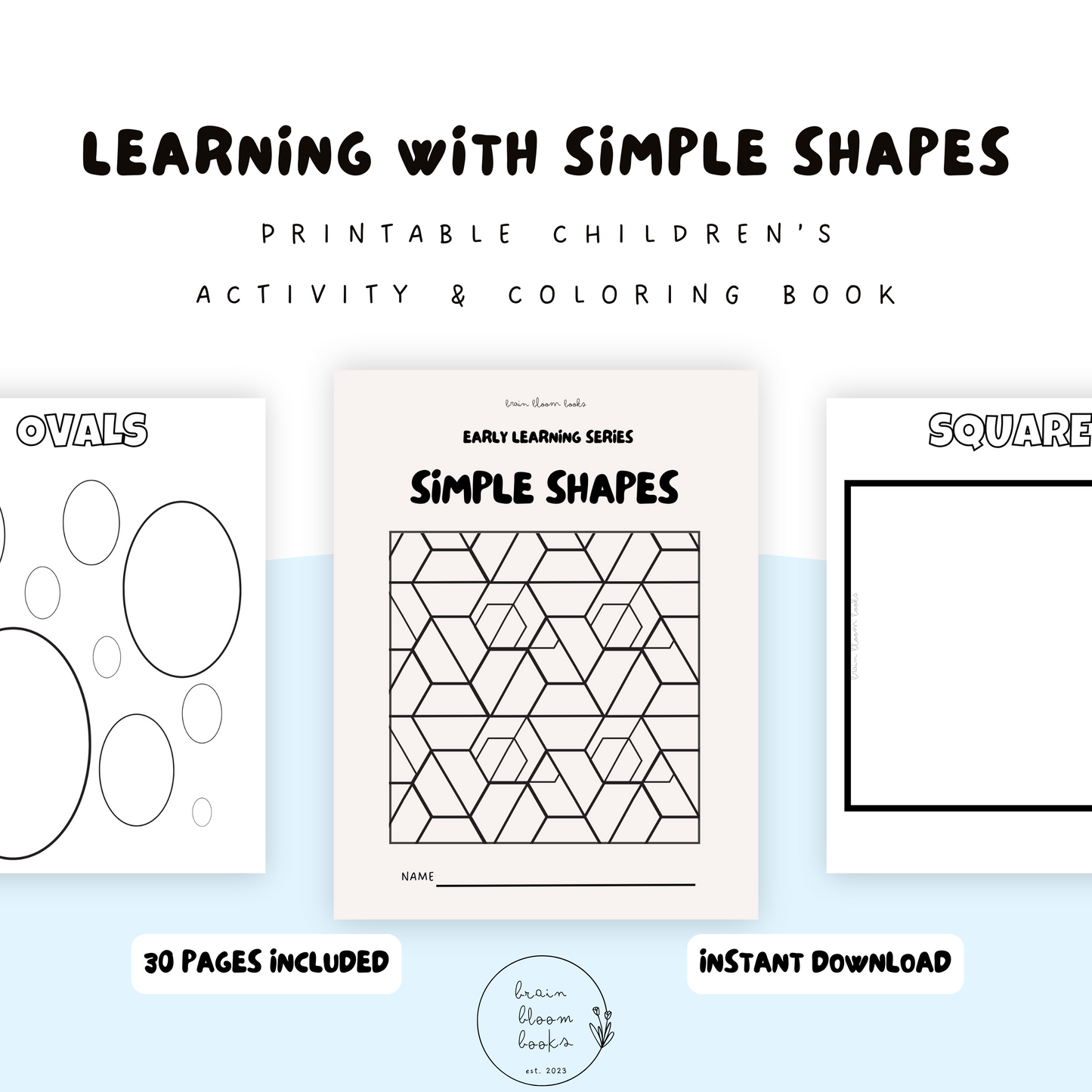 Printable PDF children’s activity & coloring book. Simple shapes & objects. 30 pages of interactive activities.