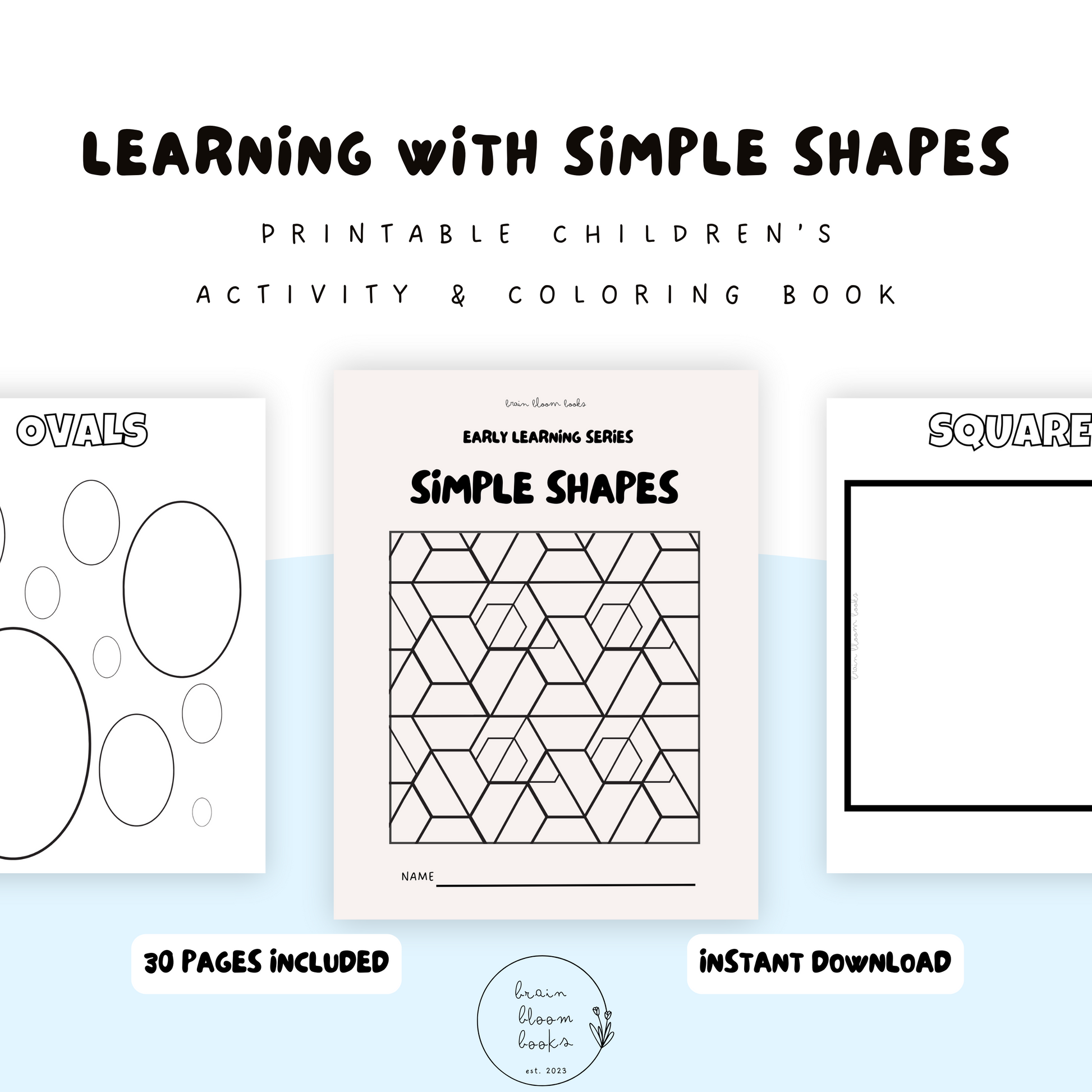Printable PDF children’s activity & coloring book. Simple shapes & objects. 30 pages of interactive activities.