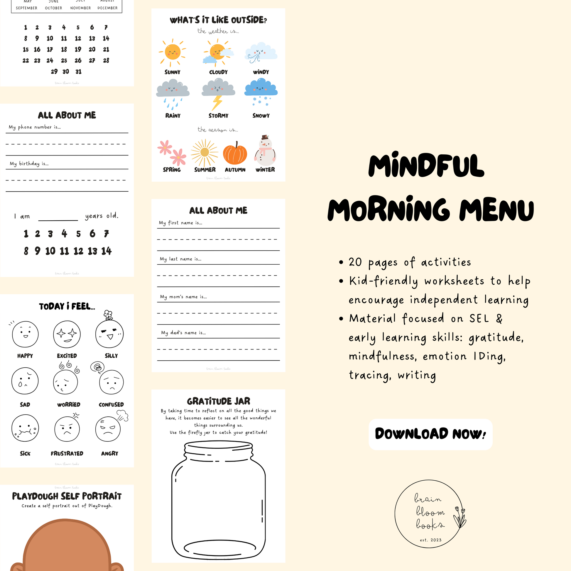 Printable PDF children’s morning menu activity book. 20 pages of interactive activities & instructions. Kid-friendly worksheets to help encourage independent learning. Material focused on SEL & early learning skills: gratitude, mindfulness, emotion IDing, tracing, writing.