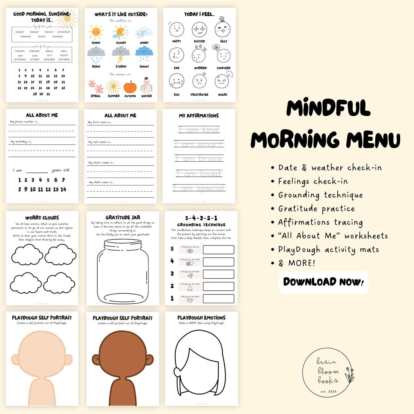 Printable PDF children’s morning menu activity book. 20 pages of interactive activities & instructions. Including: date & weather check-in, feelings check-in, grounding technique, gratitude practice, affirmations tracing, “All About Me” worksheets, PlayDough activity mats, & MORE!