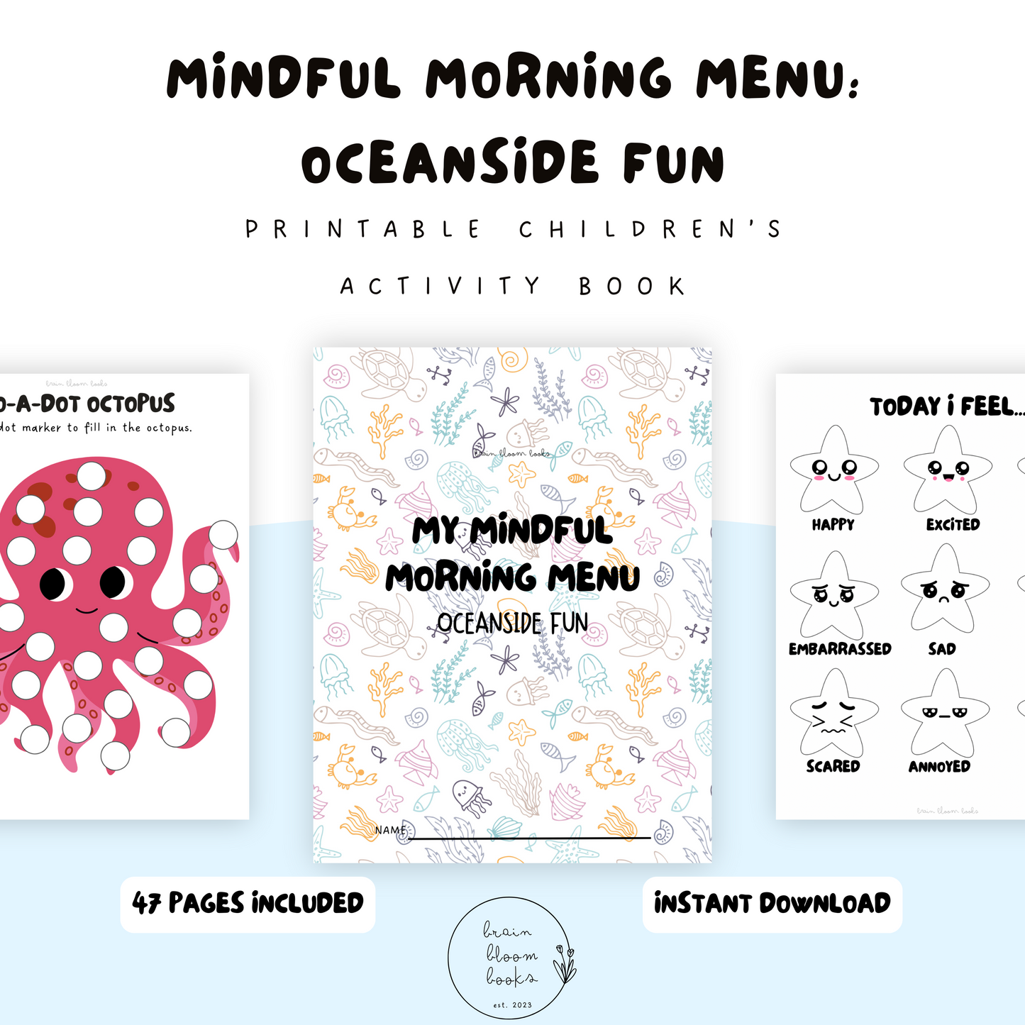 Printable PDF children’s morning menu activity book; includes ocean-themed & sea-inspired activities. Social emotional & early learning skills. 47 pages included, instant download.