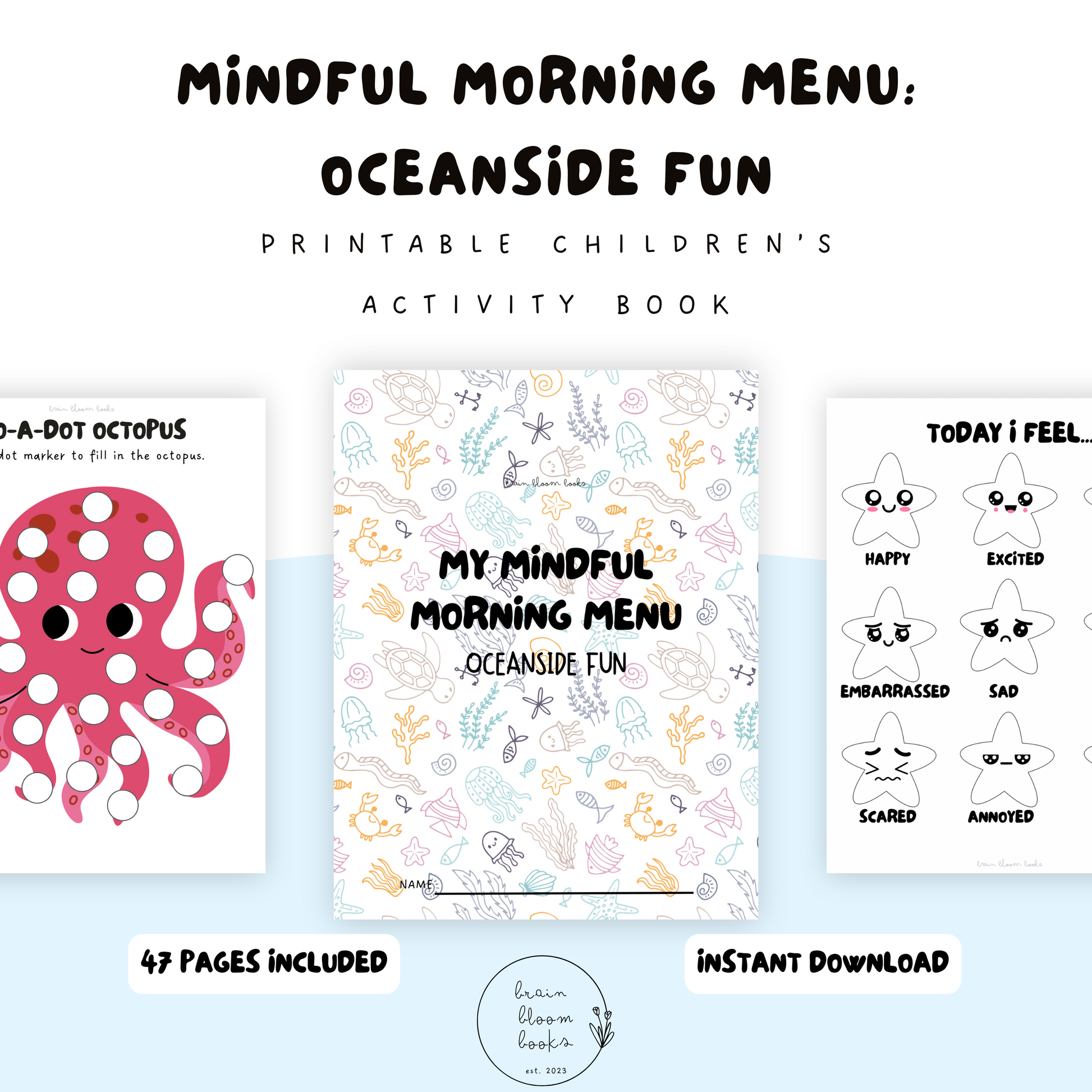 Printable PDF children’s morning menu activity book; includes ocean-themed & sea-inspired activities. Social emotional & early learning skills. 47 pages included, instant download.