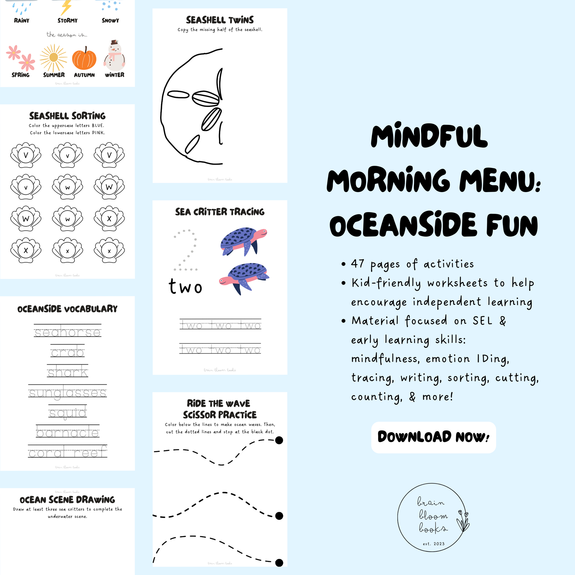 Ocean-themed printable PDF children’s morning menu activity book. 47 pages of interactive activities & instructions. Kid-friendly worksheets to help encourage independent learning. Material focused on SEL & early learning skills: mindfulness, emotion IDing, tracing, writing, sorting, cutting, counting, & more.