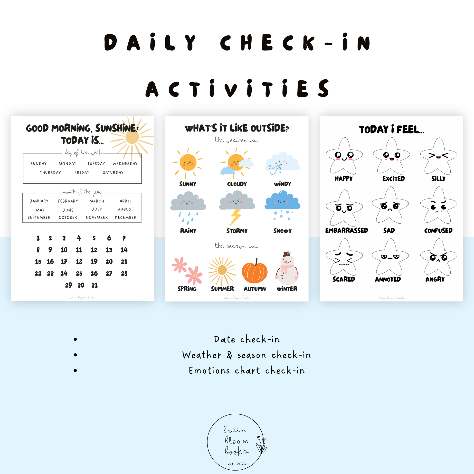 Ocean-themed printable PDF children’s morning menu daily check-in activities. Including: date, weather, season, & feelings/emotion chart check-ins.