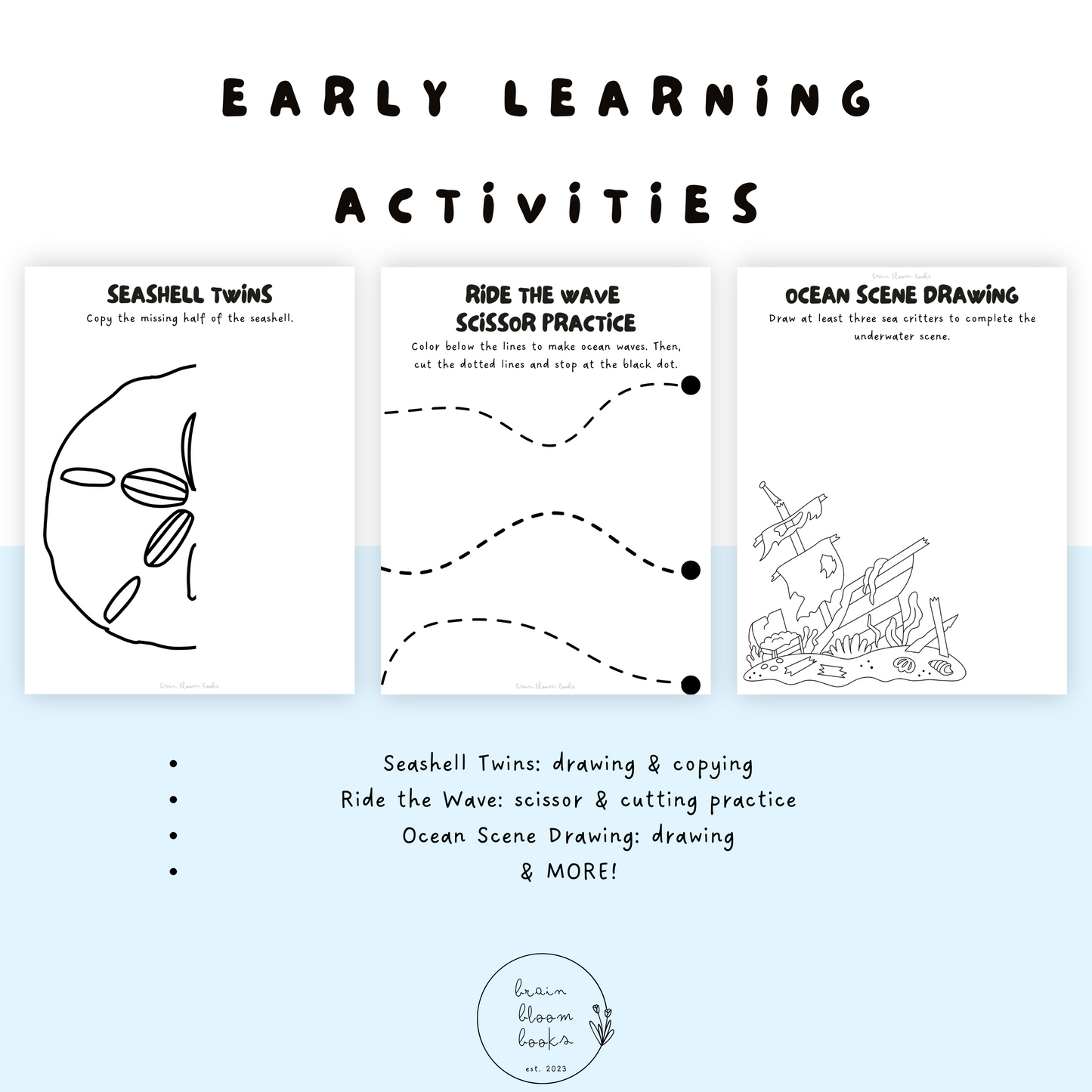 Ocean-themed printable PDF children’s morning menu early learning activities. Including: seashell twins (drawing & copying), ride the wave (scissor & cutting practice), ocean scene drawing (drawing), & MORE.