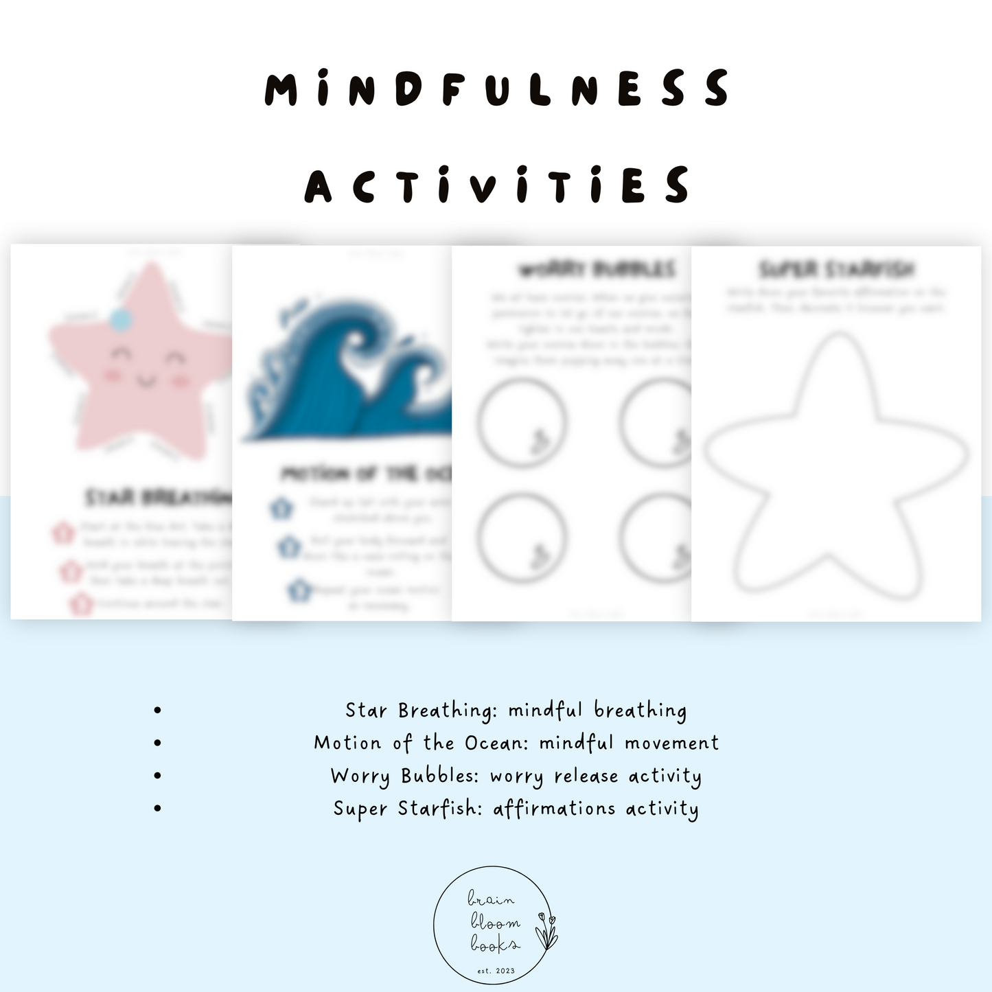 Ocean-themed printable PDF children’s morning menu math mindfulness activities. Including: star breathing (mindful breathing), motion of the ocean (mindful movement), worry bubbles (worry release activity), super starfish (affirmations activity).
