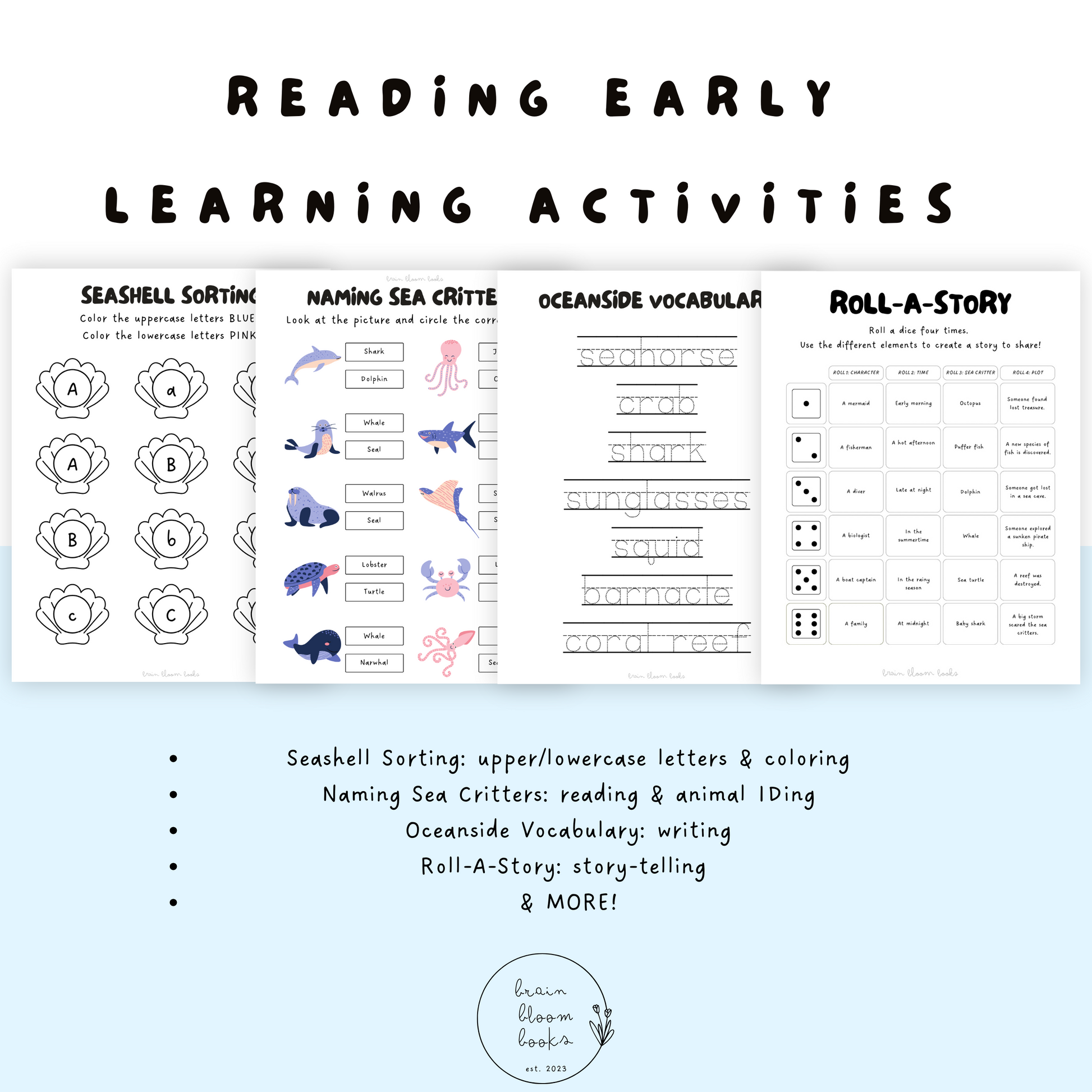 Ocean-themed printable PDF children’s morning menu reading early learning activities. Including: seashell sorting (upper/lowercase letters & coloring), naming sea critters (reading & animal IDing), oceanside vocabulary (writing), roll-a-story (story-telling), & MORE.