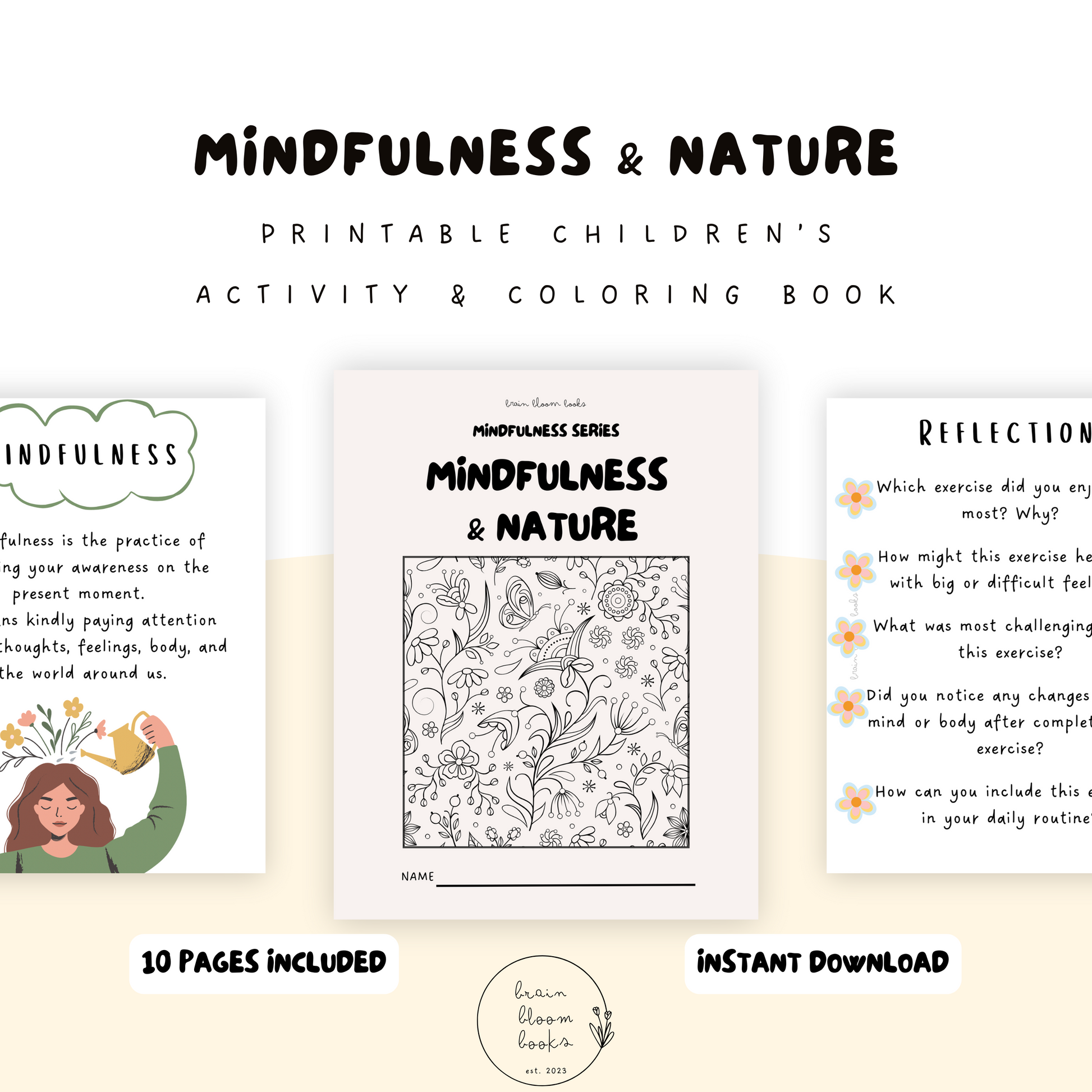 Printable PDF children’s mindfulness activity and coloring book. Theme: mindfulness & nature. Learning mindfulness through nature-themed activities.