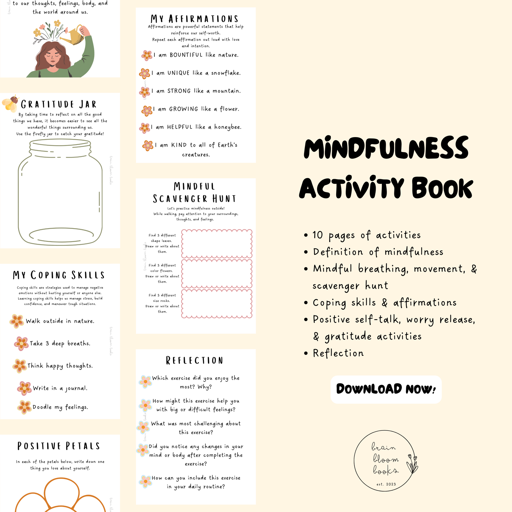 Printable PDF children’s mindfulness activity & coloring book. Learning mindfulness through nature-themed activities. 10 pages of activities, including mindful breathing, coping skills, affirmations, positive self talk, gratitude, reflection…