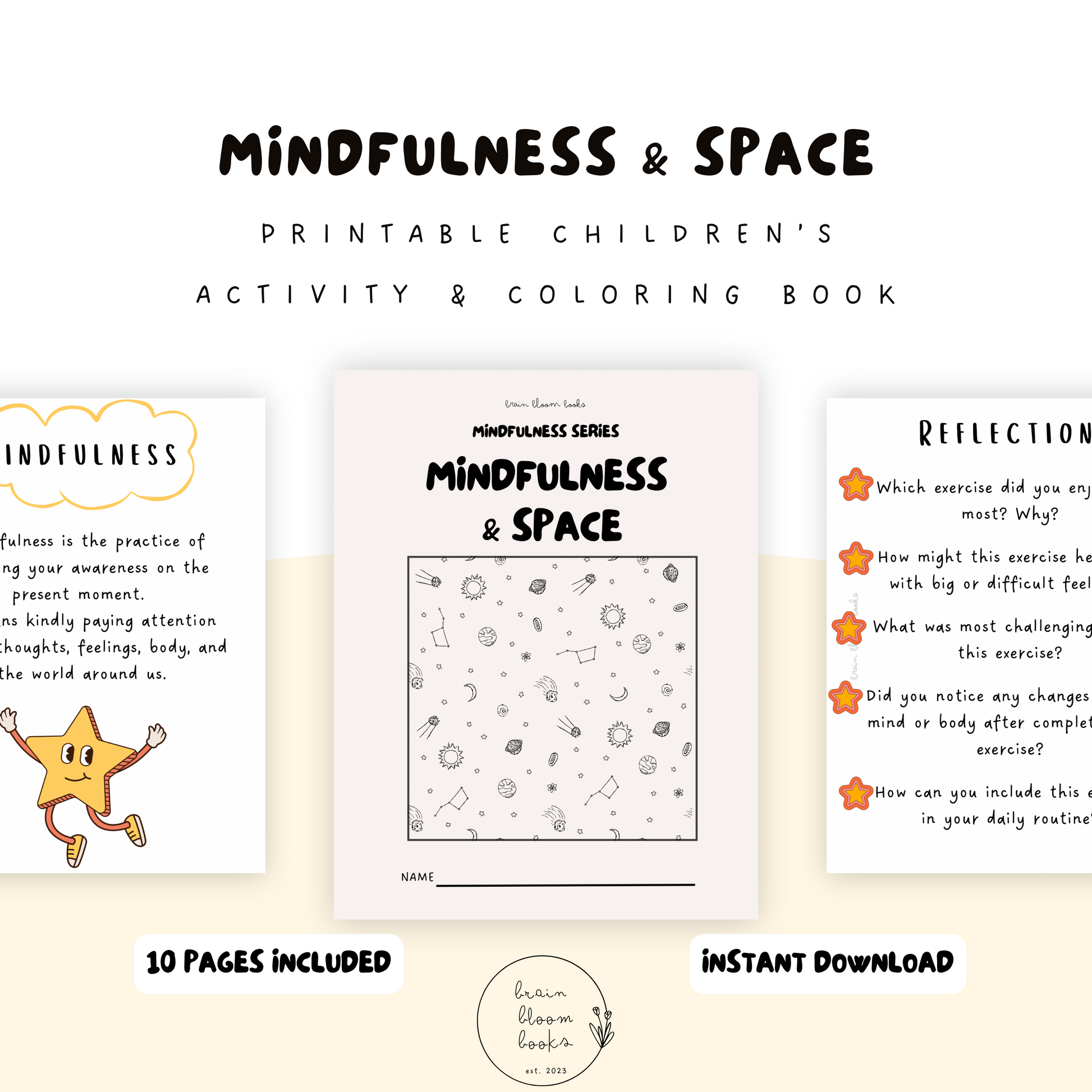 Printable PDF children’s mindfulness activity and coloring book. Theme: mindfulness and outer space. Learning mindfulness through space-themed activities.