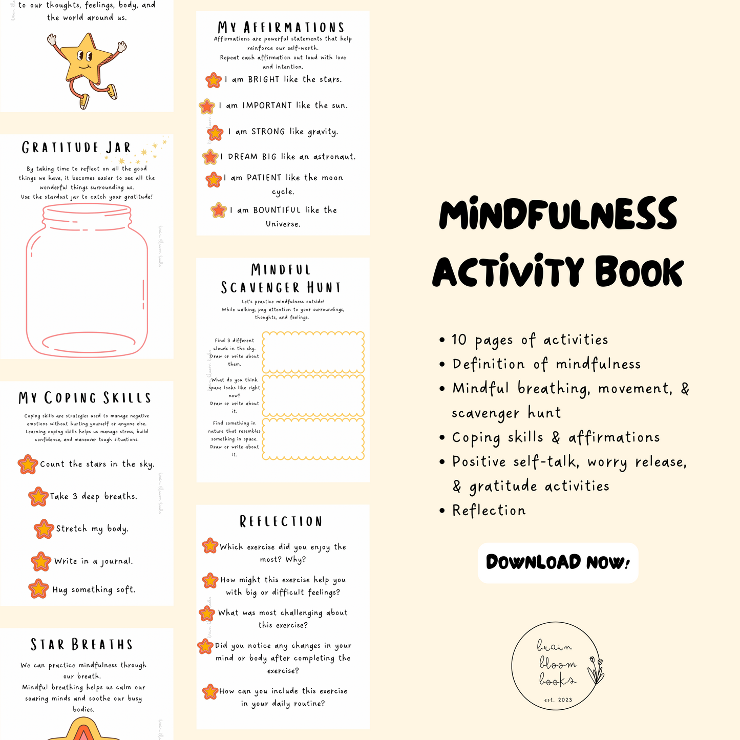 Printable PDF children’s mindfulness activity and coloring book. Learning mindfulness through space-themed activities. 10 pages of activities, including mindful breathing, coping skills, affirmations, positive self talk, gratitude, reflection…