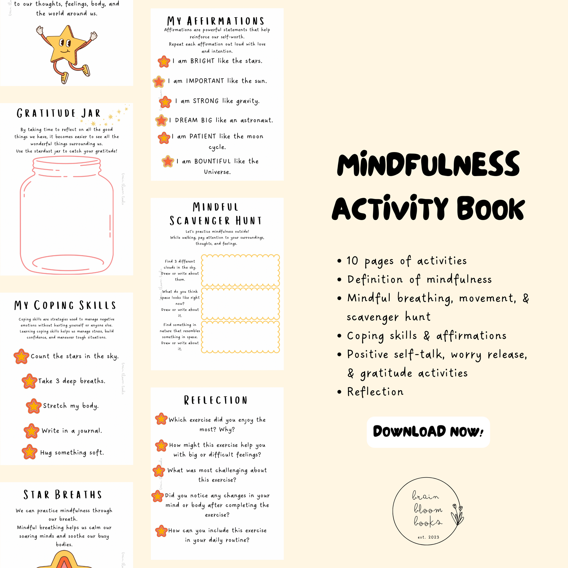 Printable PDF children’s mindfulness activity and coloring book. Learning mindfulness through space-themed activities. 10 pages of activities, including mindful breathing, coping skills, affirmations, positive self talk, gratitude, reflection…
