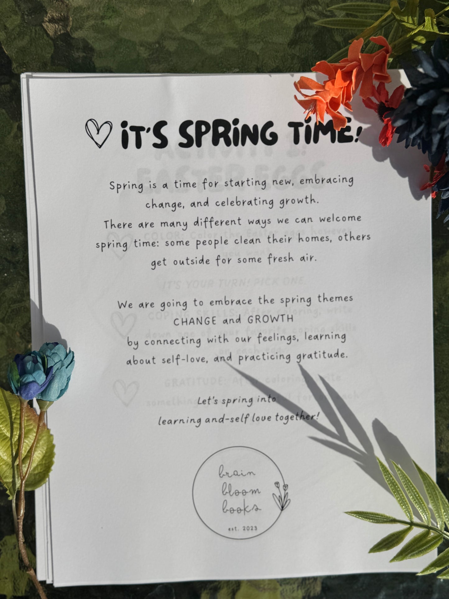 Introduction page from spring-themed children’s SEL activity book. Embracing spring themes of CHANGE & GROWTH by connecting with feelings, learning about self love, & practicing gratitude.