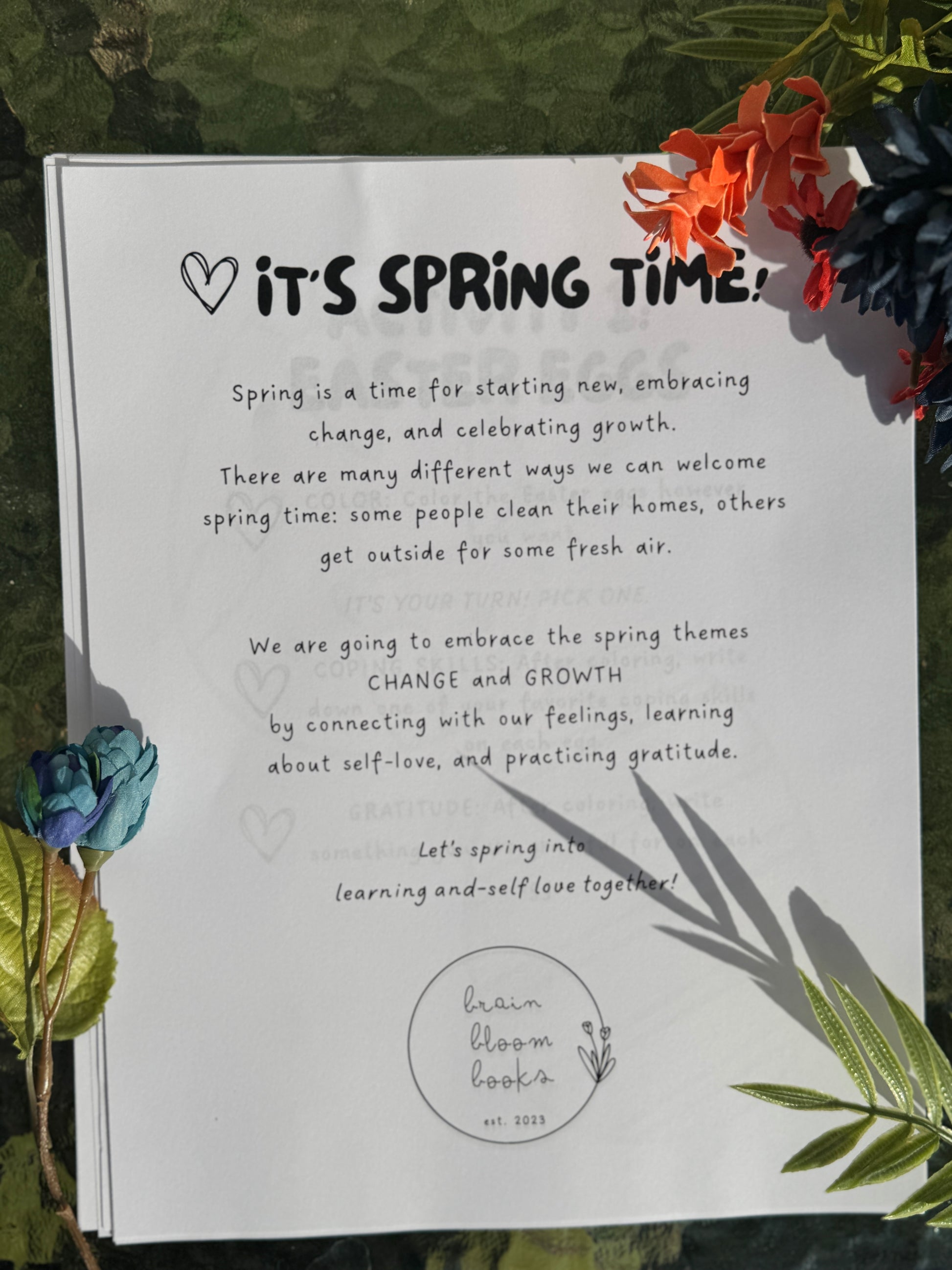 Introduction page from spring-themed children’s SEL activity book. Embracing spring themes of CHANGE & GROWTH by connecting with feelings, learning about self love, & practicing gratitude.